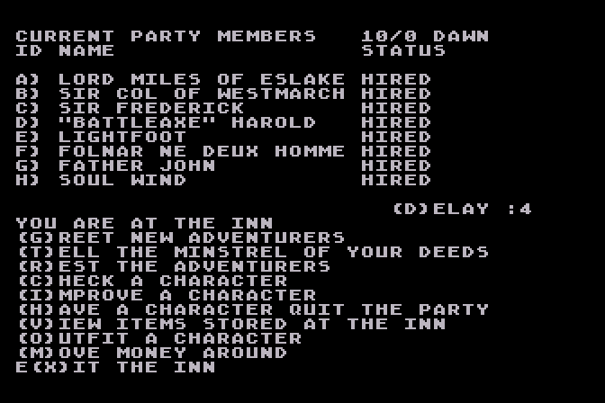 Wizard's Crown Atari 8-bit Screenshot: Main menu.