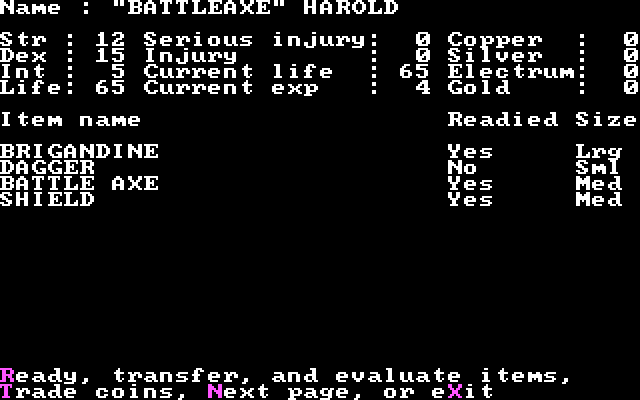 Wizard's Crown IBM PC/Compatibles Screenshot: Character stats.