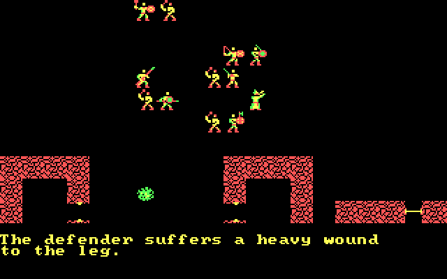 Wizard's Crown IBM PC/Compatibles Screenshot: The defender suffers a heavy wound to the leg.