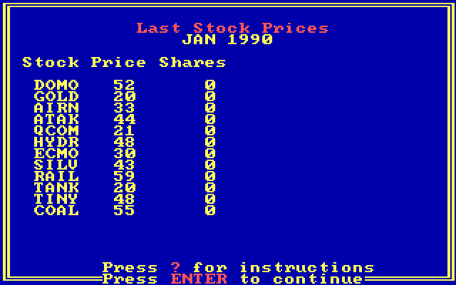Wizard of Wall Street IBM PC/Compatibles Screenshot: List of the last stock prices.
