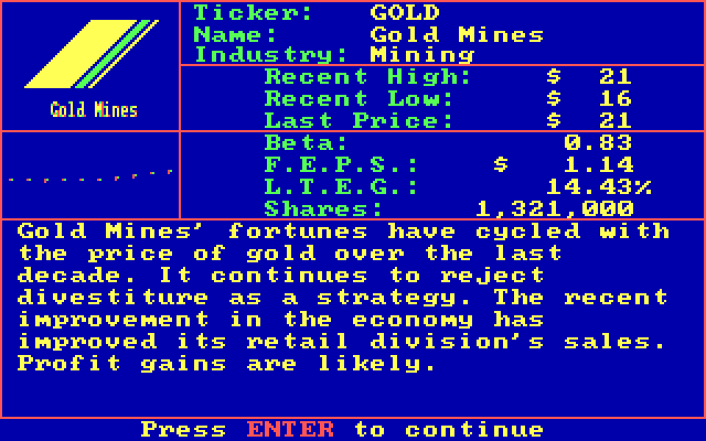 Wizard of Wall Street IBM PC/Compatibles Screenshot: The report showing how gold is doing...