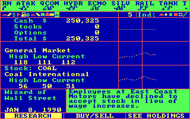 Wizard of Wall Street IBM PC/Compatibles Screenshot: The game continues in real time as you buy and sell stocks.