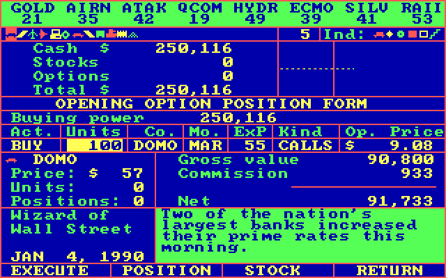 Wizard of Wall Street IBM PC/Compatibles Screenshot: Buying some stocks...