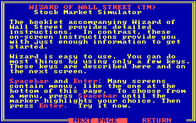 Wizard of Wall Street IBM PC/Compatibles Screenshot: How to play the game.