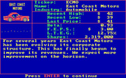 Wizard of Wall Street for IBM PC/Compatibles - Viewing the report for East Coast Motors.