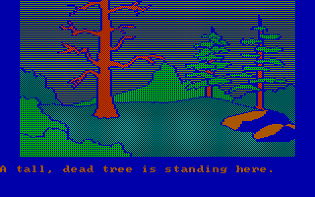 Winnie the Pooh in the Hundred Acre Wood IBM PC/Compatibles Screenshot: A tall, dead tree is standing here...(why is it standing here? It can't leave!)