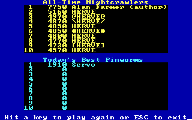 Willy The Worm IBM PC/Compatibles Screenshot: The best high scores.