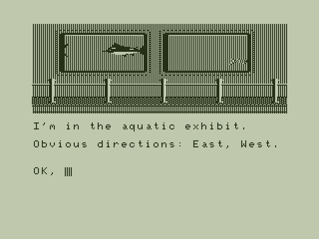 Vortex Factor, The Dragon 32/64 Screenshot: Exploring the aquatic exhibit.