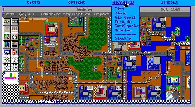 SimCity IBM PC/Compatibles Screenshot: The disaster menu; a variety of trouble can be unleashed on a city.