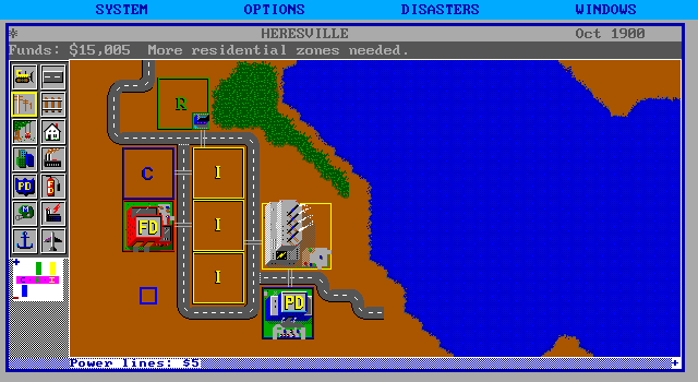 SimCity IBM PC/Compatibles Screenshot: Building a city; now some zones and buildings are in place.