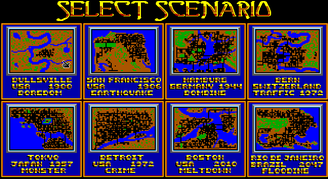 SimCity IBM PC/Compatibles Screenshot: Scenario selection; can you handle these disasters in famous cities?