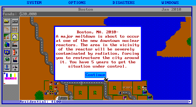 SimCity IBM PC/Compatibles Screenshot: Here's what's about to happen in this scenario.