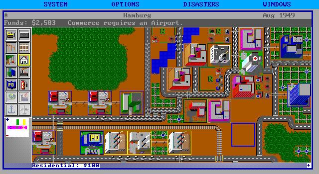 SimCity IBM PC/Compatibles Screenshot: Here in Hamburg commerce would like a new airport.