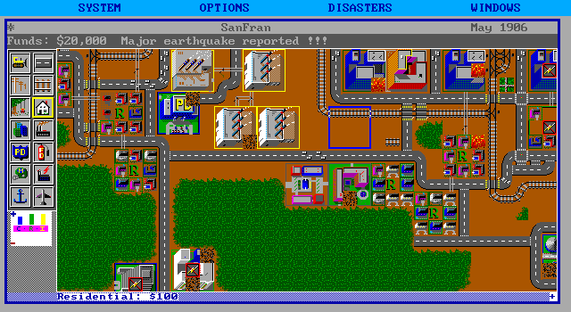 SimCity IBM PC/Compatibles Screenshot: A major earthquake in San Francisco.