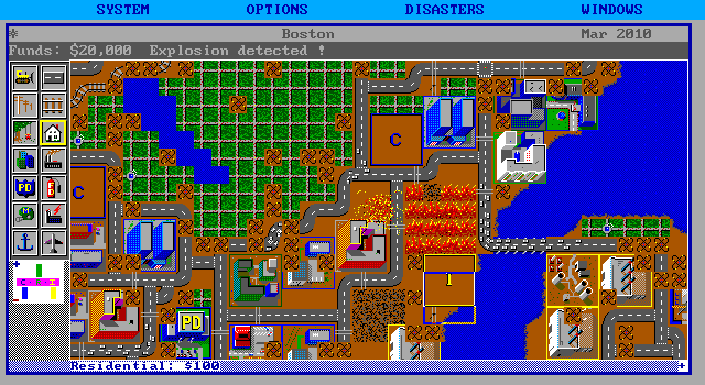 SimCity IBM PC/Compatibles Screenshot: We have a major explosion downtown!