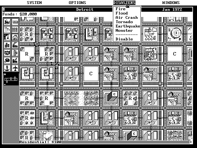SimCity IBM PC/Compatibles Screenshot: The disasters menu.