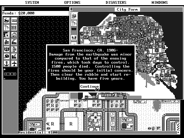 SimCity IBM PC/Compatibles Screenshot: Description of the selected scenario.