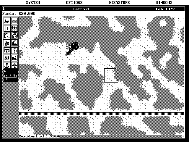 SimCity IBM PC/Compatibles Screenshot: A tornado heads towards some railroad tracks.