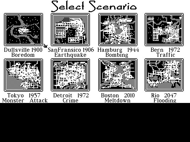 SimCity IBM PC/Compatibles Screenshot: Select a scenario.