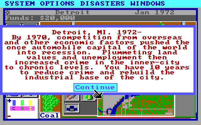 SimCity IBM PC/Compatibles Screenshot: Scenario description.