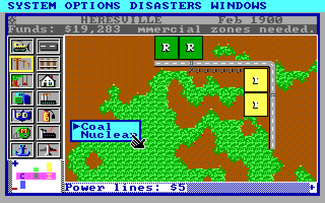 SimCity IBM PC/Compatibles Screenshot: Starting a new city; what kind of power plant do you want?
