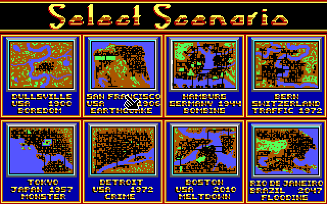 SimCity IBM PC/Compatibles Screenshot: Select a scenario.
