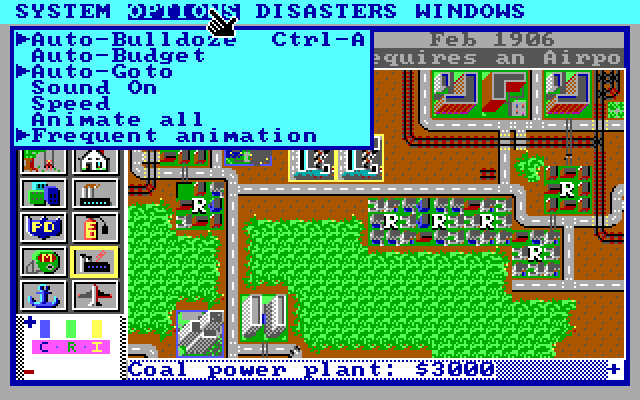 SimCity IBM PC/Compatibles Screenshot: The options menu.