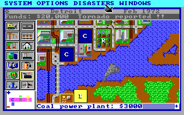 SimCity IBM PC/Compatibles Screenshot: Disaster! A tornado is about to cause some damage.