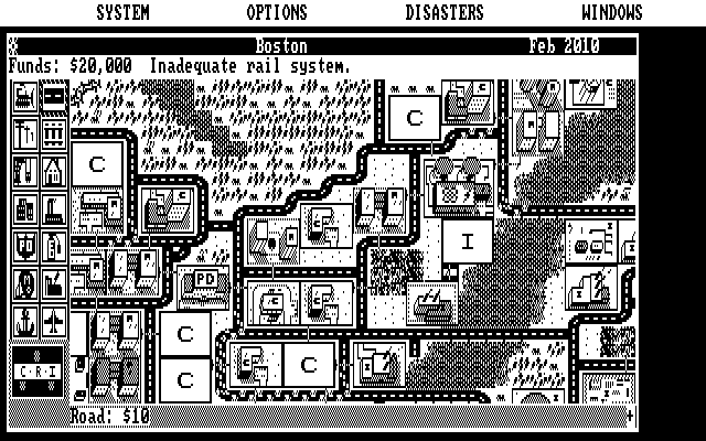 SimCity IBM PC/Compatibles Screenshot: Some areas are zoned but don't have any buildings yet.