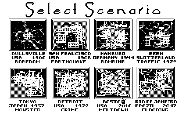 SimCity IBM PC/Compatibles Screenshot: Select a scenario.