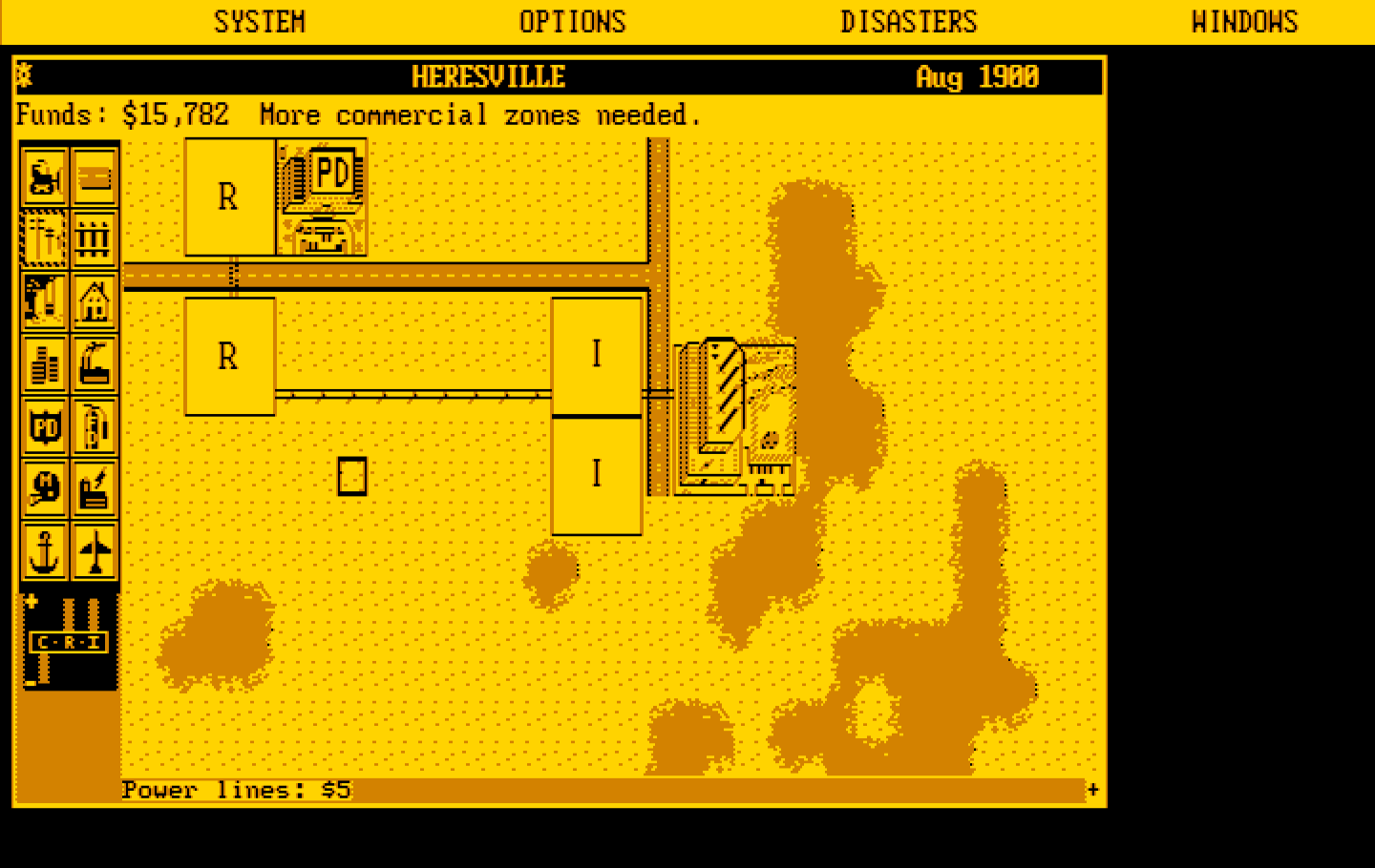 SimCity IBM PC/Compatibles Screenshot: Placing some buildings.