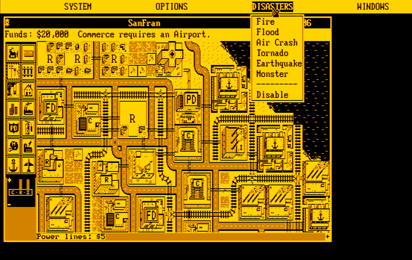 SimCity IBM PC/Compatibles Screenshot: The disasters menu.