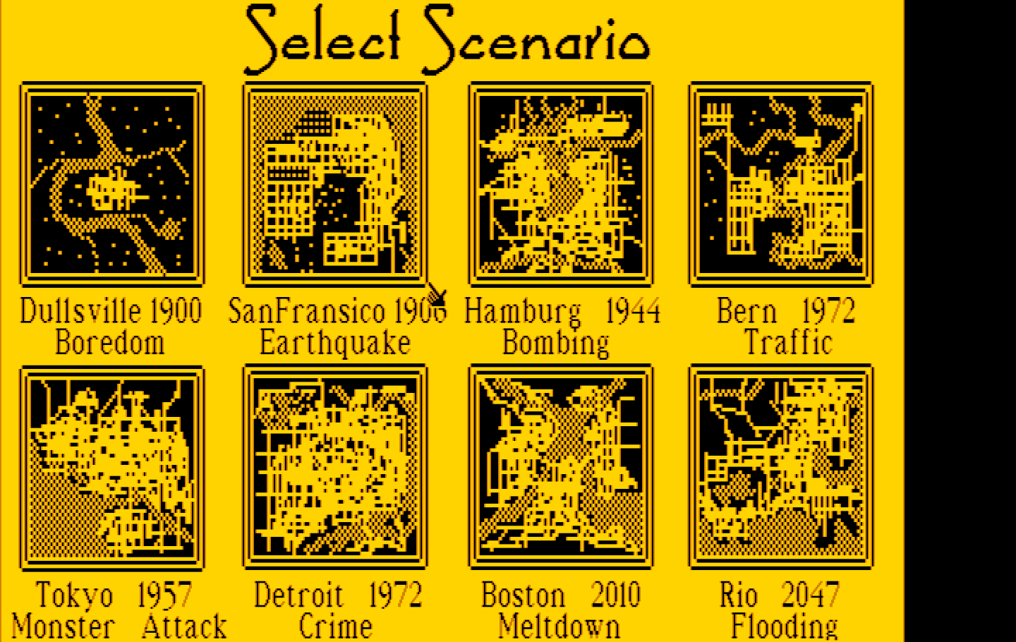 SimCity IBM PC/Compatibles Screenshot: Select one of the available scenarios.
