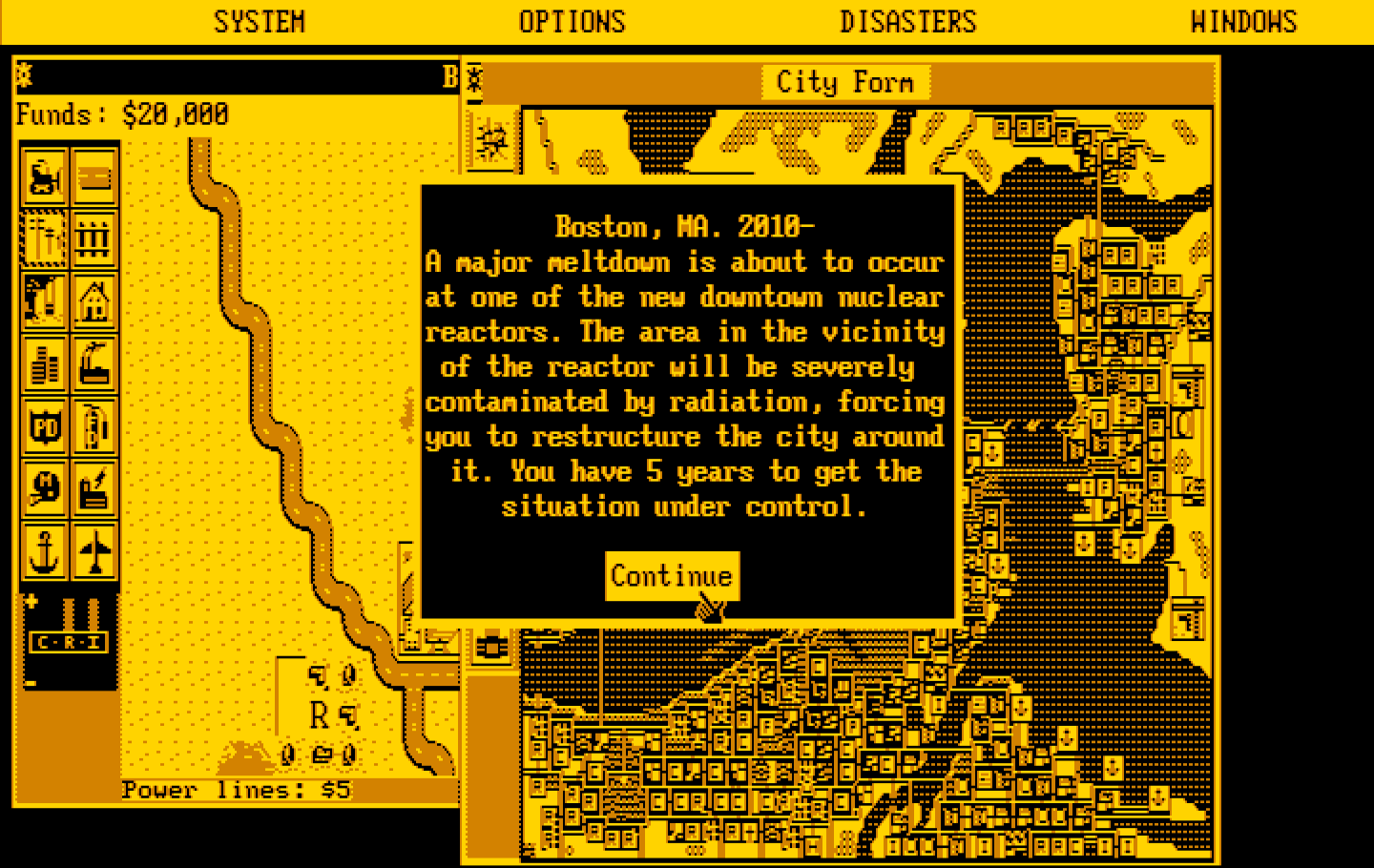 SimCity IBM PC/Compatibles Screenshot: Overview of a chosen scenario.