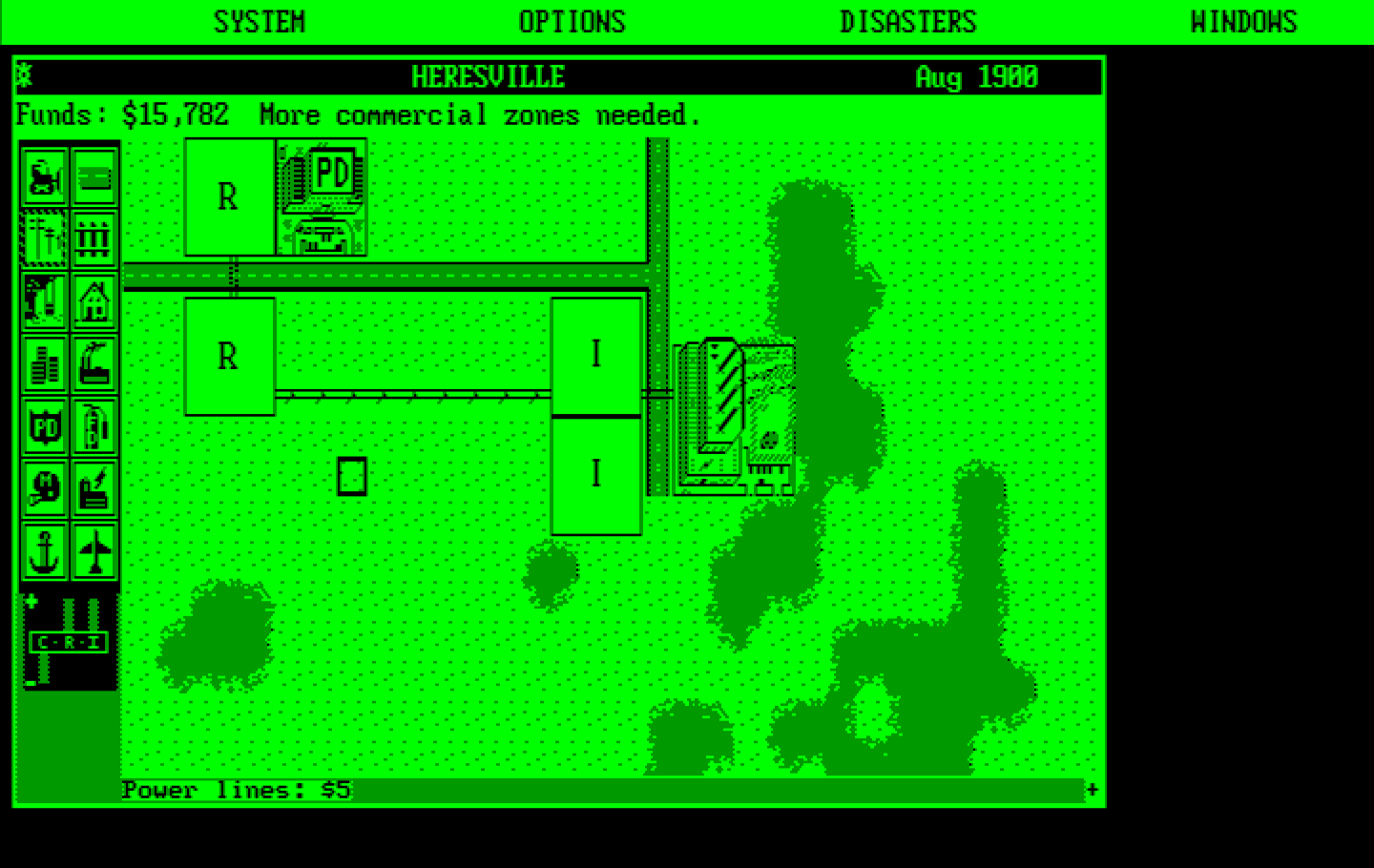 SimCity IBM PC/Compatibles Screenshot: Placing some buildings.