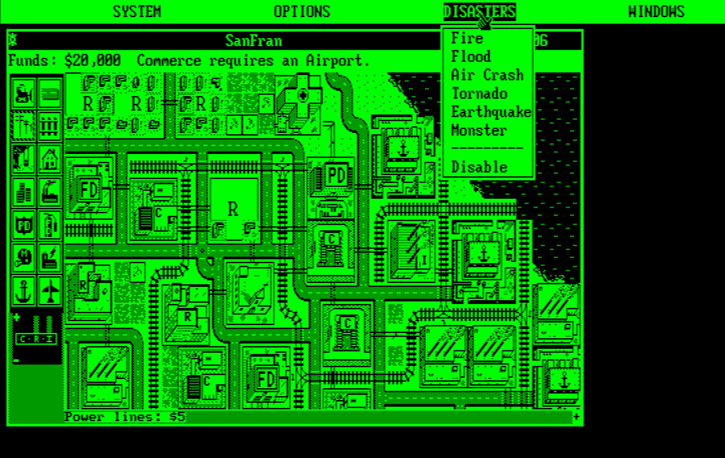 SimCity IBM PC/Compatibles Screenshot: The disasters menu.