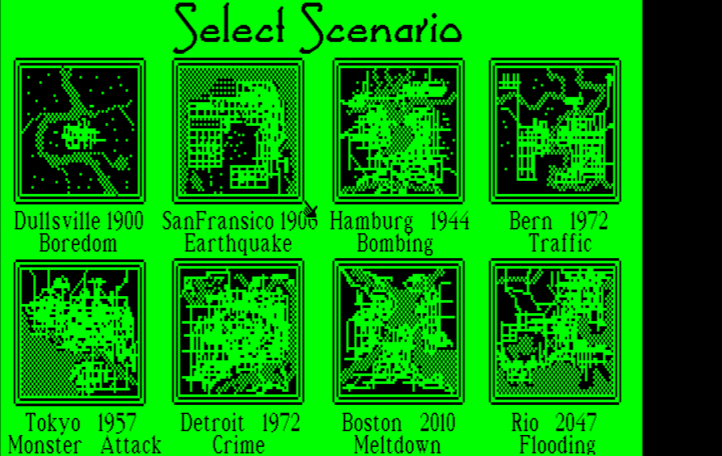 SimCity IBM PC/Compatibles Screenshot: Select one of the available scenarios.