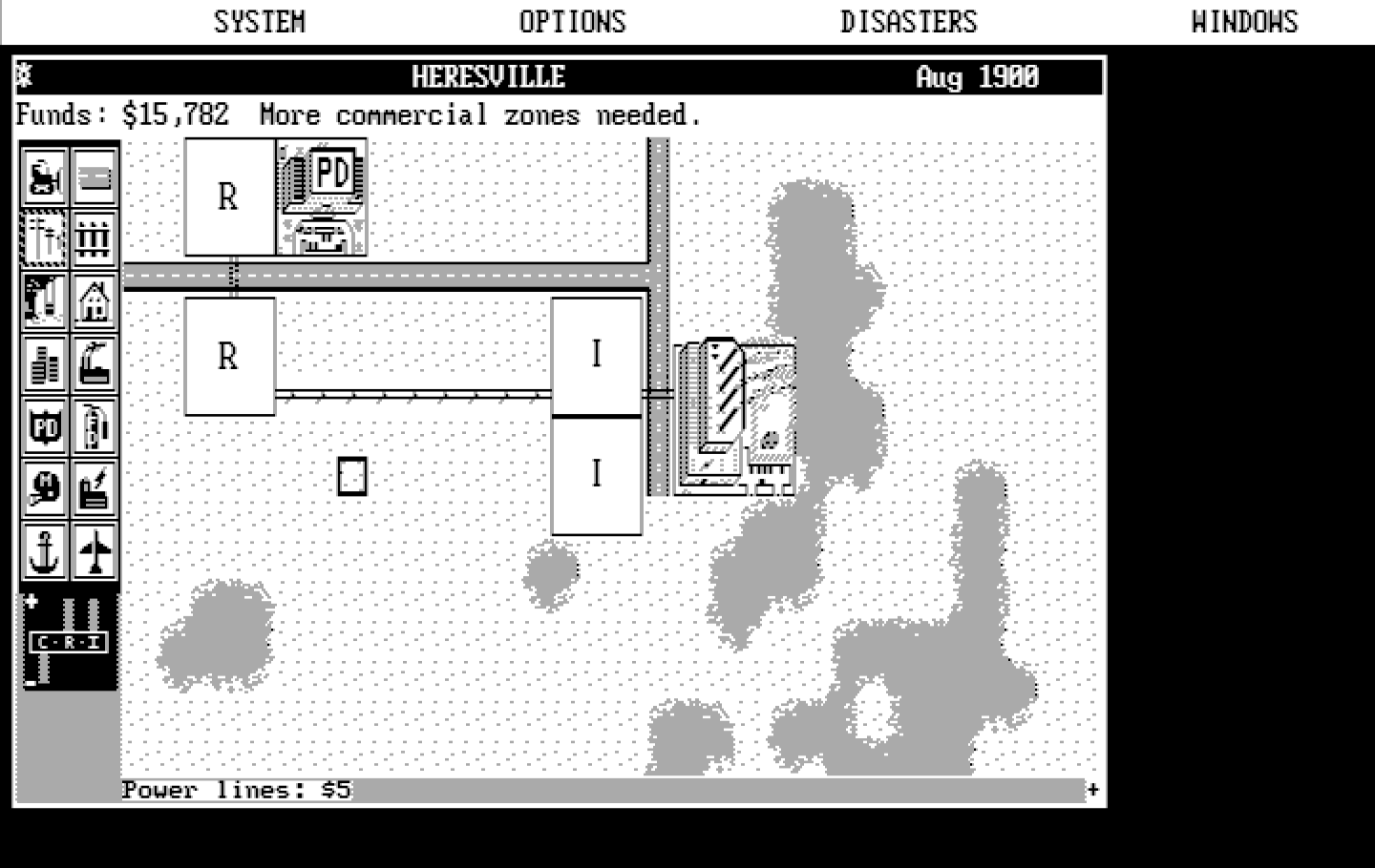 SimCity IBM PC/Compatibles Screenshot: Placing some buildings.