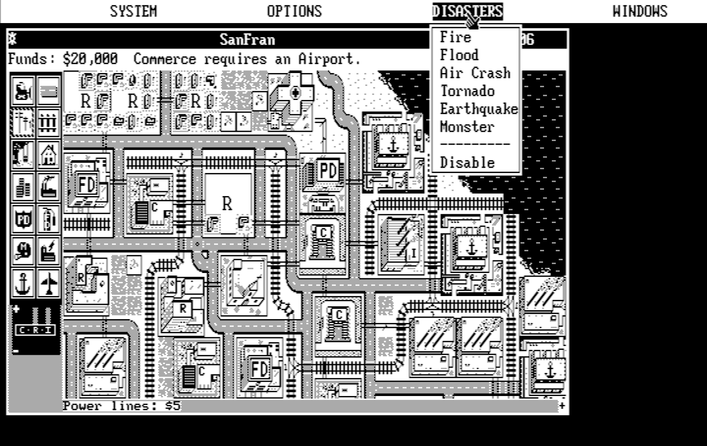 SimCity IBM PC/Compatibles Screenshot: The disasters menu.