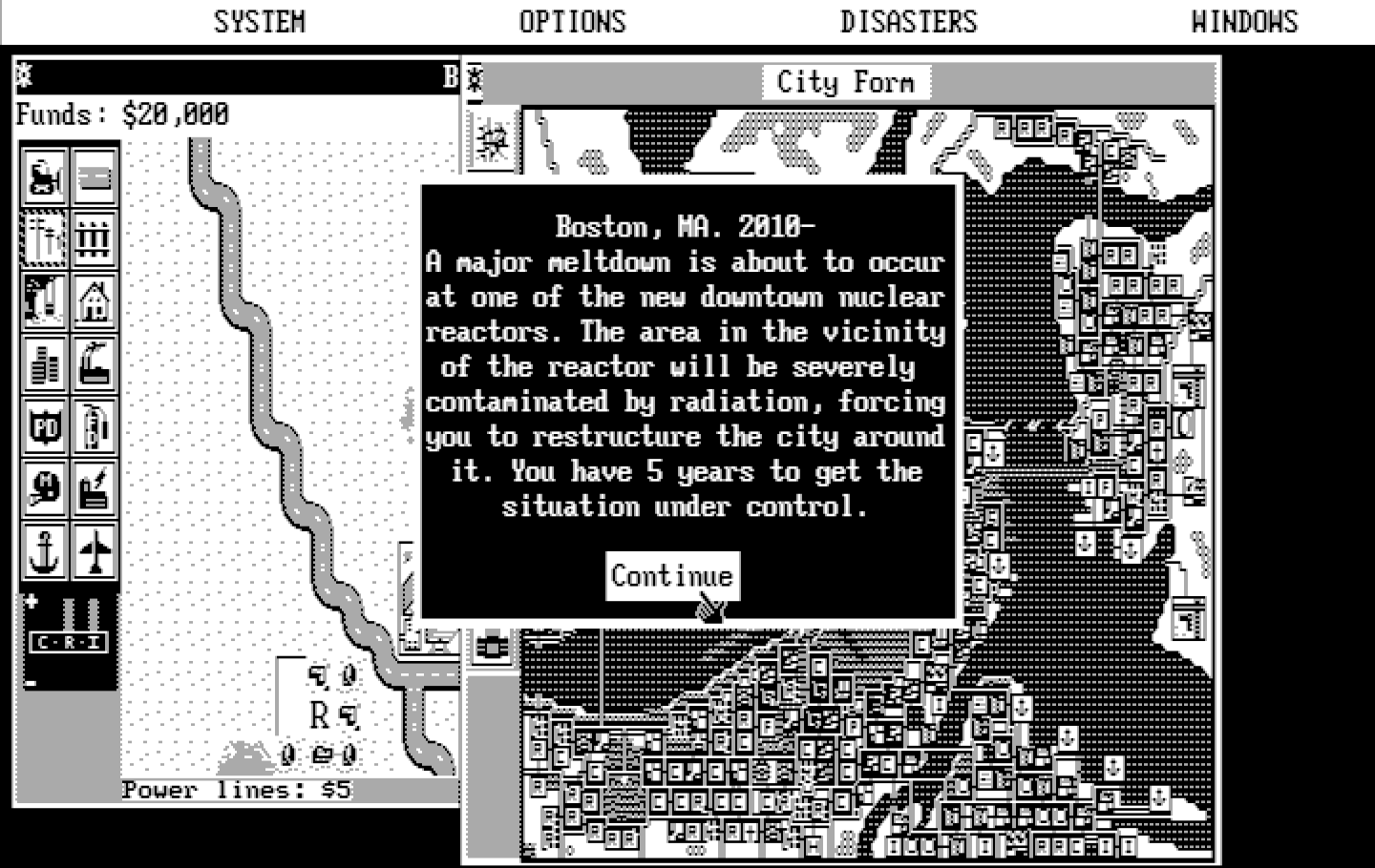 SimCity IBM PC/Compatibles Screenshot: Overview of a chosen scenario.