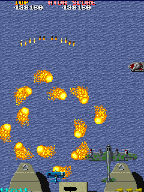 Sky Shark Arcade Screenshot: Large planes take many shots to destroy...so using bombs to improve my odds!