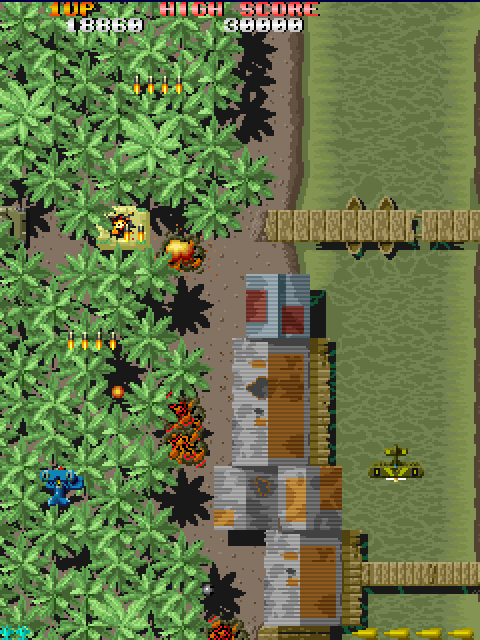 Sky Shark Arcade Screenshot: Tanks are sometimes hard to see in the trees...