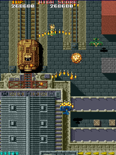 Sky Shark Arcade Screenshot: That large tank on the left is quite difficult to destroy...