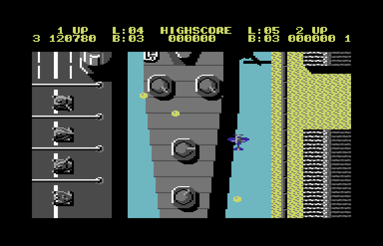 Sky Shark Commodore 64 Screenshot: There's lots of guns targeting you in this section!