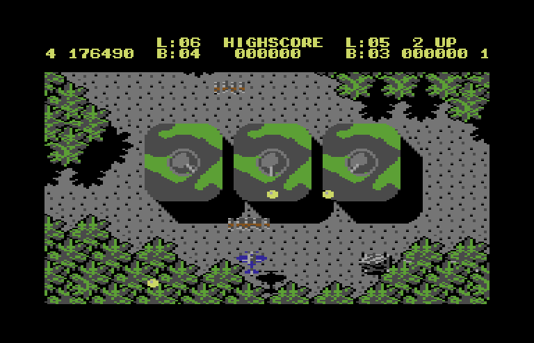 Sky Shark Commodore 64 Screenshot: Large guns block the end of this level.