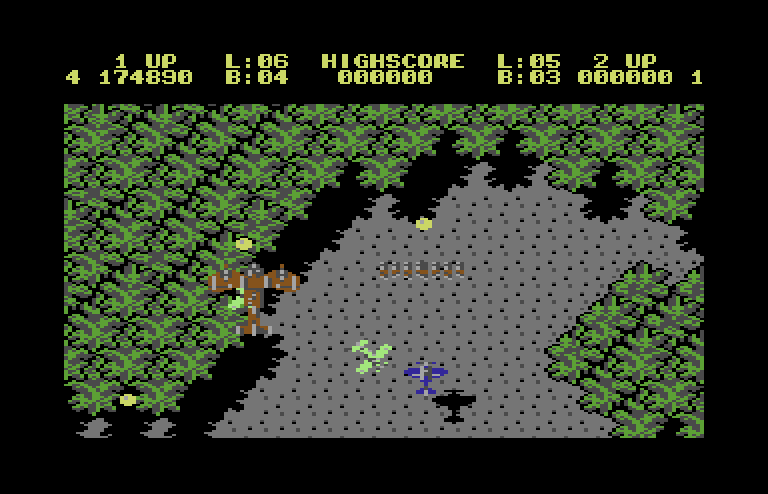 Sky Shark Commodore 64 Screenshot: Large planes sometimes sneak up behind you...
