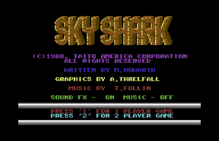 Sky Shark Commodore 64 Screenshot: Title screen.