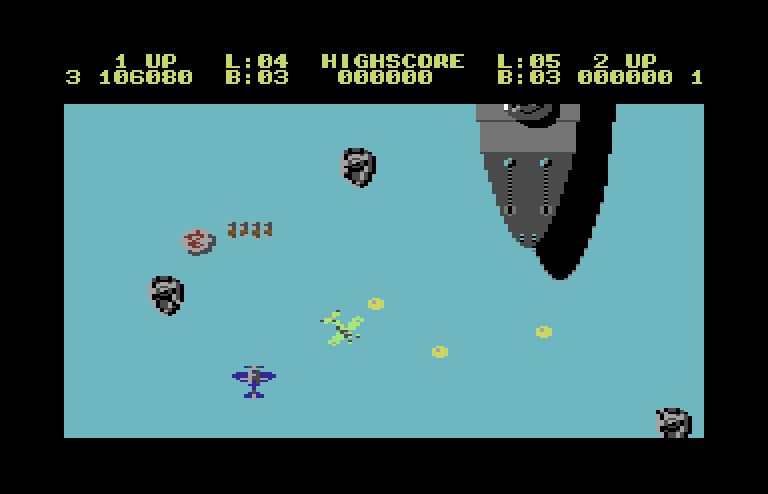 Sky Shark Commodore 64 Screenshot: Flying over the ocean...