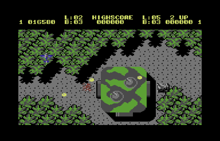 Sky Shark Commodore 64 Screenshot: Watch out for fire from these turrets...