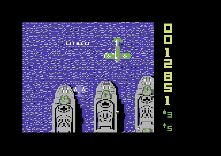 Sky Shark Commodore 64 Screenshot: Large planes take multiple shots to destroy...